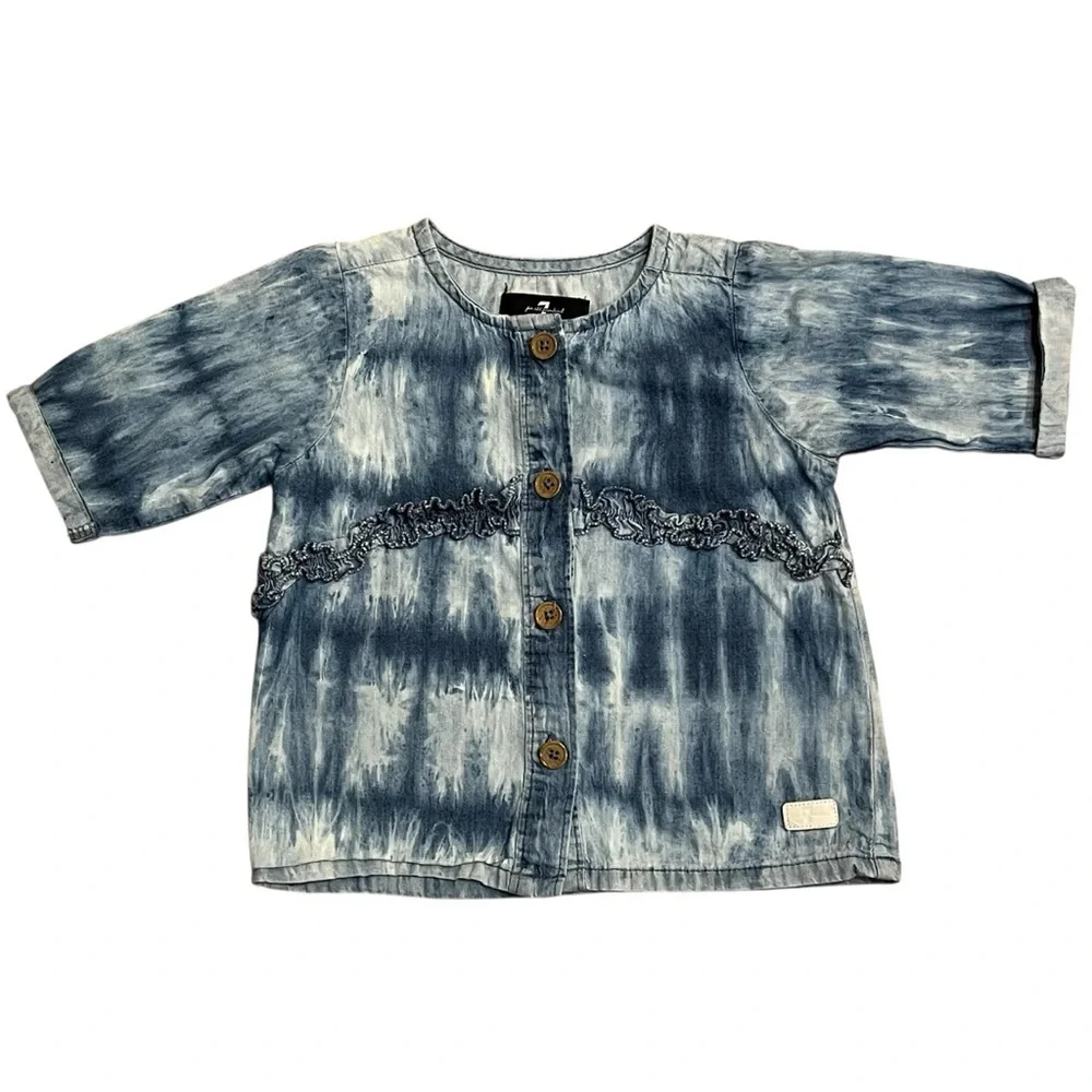 7 For All Mankind Baby Girls 24M Blue Tie Dye Denim‎ Ruffle Button Top Western